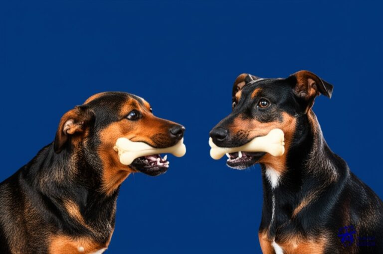 Dos perros, cada uno con un hueso idéntico en la boca, tirando en direcciones opuestas. Representa: Disputa entre editoriales por derechos de traducción