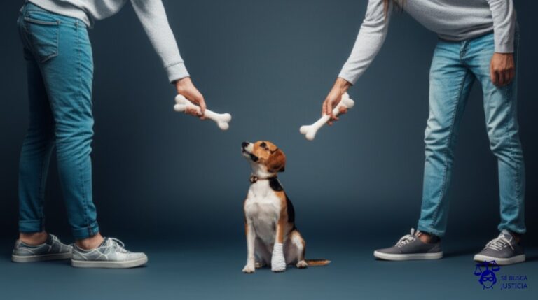 Dos personas jalando en direcciones opuestas un hueso de perro, con un perro pequeño y con collar en el medio, observando la escena con una venda en la pata. Representa: Disputa entre padres por tratamiento médico del hijo
