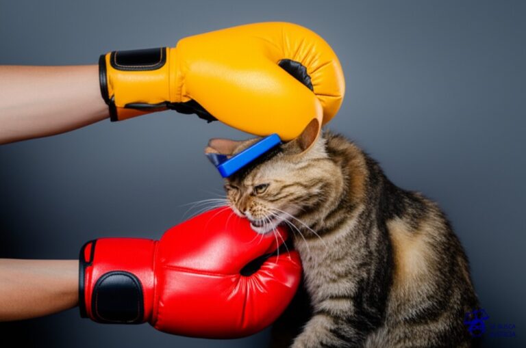 Un par de manos, cada una con un guante de boxeo de diferente color, intentando peinar un gato que se resiste y bufa. Representa: Disputa por el "look and feel" de un producto de software