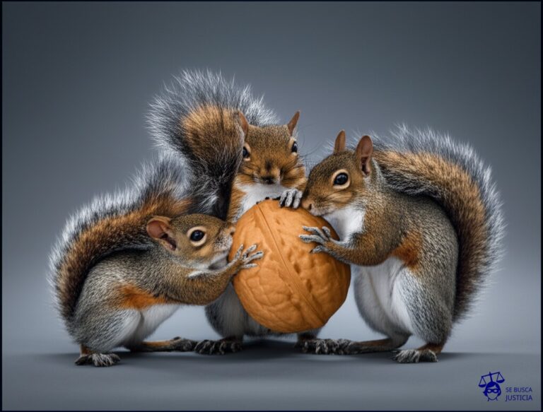 Un grupo de ardillas compitiendo por la posesión de una única nuez gigante, cada una intentando aferrarse a ella con todas sus fuerzas, mientras otras ardillas intentan robarla. Representa: Disputa por el uso de caracteres o universos ficcionales protegidos