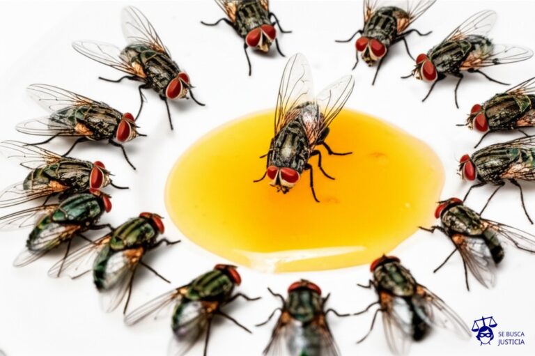 Un grupo de moscas, cada una con un ala diferente (una imagen de un meme popular), revoloteando frenéticamente alrededor de un plato de miel (el botín de los memes con derechos de autor), chocando y peleando entre ellas. Representa: Disputa por el uso de memes protegidos por derechos de autor