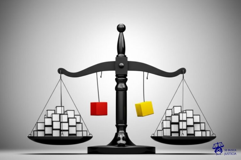 Un par de balanzas gigantes, cada una con un lado significativamente más pesado que el otro. En cada platillo, una pila de cubos idénticos. Un cubo solitario, de un color diferente al resto, está siendo jalado con fuerza desde el centro por dos cuerdas que tiran en direcciones opuestas. Representa: Disputa por la elección de la nacionalidad de los hijos en matrimonios binacionales, especialmente cuando las legislaciones de los países de origen difieren en los criterios de atribución de nacionalidad.