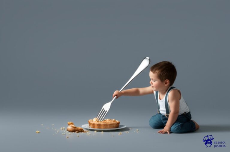 Un niño pequeño, con un tenedor gigante, intentando comerse un pastel que ya se ha acabado y solo quedan las migas. Representa: Disputa por manutención retroactiva