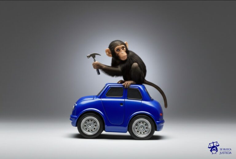 Un coche con las ruedas cuadradas, intentando ser reparado por un mono con un martillo. Representa: Disputa por mecánico que agrava daños