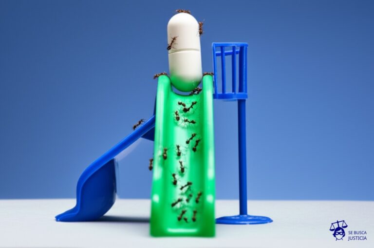 Un grupo de hormigas compitiendo frenéticamente por trepar a un tobogán de plástico, con una única pastilla gigante de medicamento al final. Representa: Disputa por tiempo de rehabilitación médica