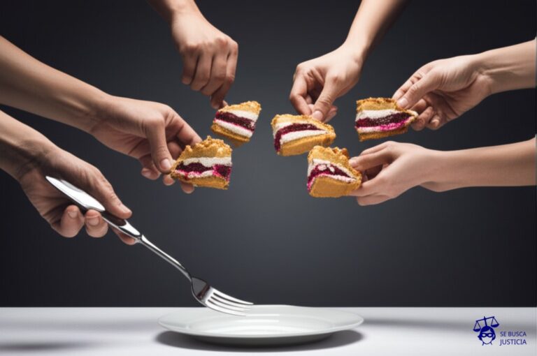 Un pastel siendo devorado vorazmente por un grupo de manos, cada una agarrando un trozo, mientras un solo tenedor, elegantemente emplatado, observa impotente desde una mesa vacía. Representa: Disputa sobre derechos morales de autor en una obra colectiva
