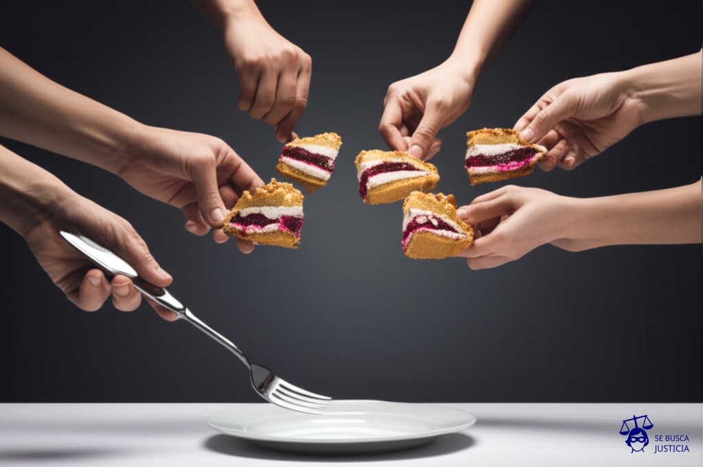 Un pastel siendo devorado vorazmente por un grupo de manos, cada una agarrando un trozo, mientras un solo tenedor, elegantemente emplatado, observa impotente desde una mesa vacía. Representa: Disputa sobre derechos morales de autor en una obra colectiva