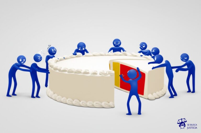 Un grupo de personas, representadas por figuras geométricas simples (círculos, cuadrados, triángulos), tirando de un mismo pastel, cada uno agarrando un trozo diferente, con expresiones de frustración exagerada. Representa: Disputa sobre el uso de nombres geográficos protegidos (indicaciones geográficas)