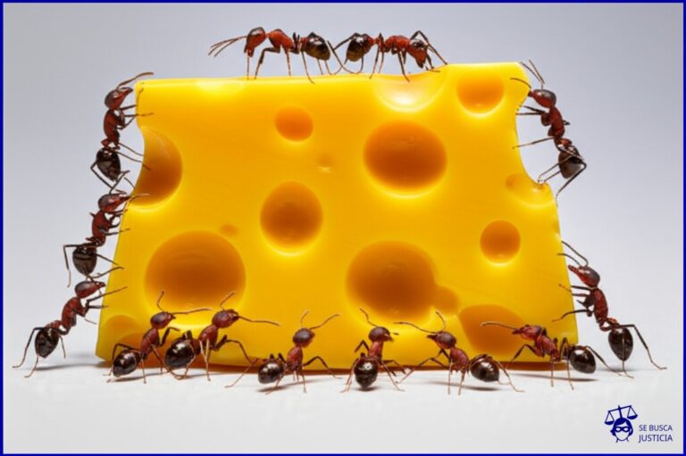 Un grupo de hormigas (representando a las personas) intentando arrastrar un enorme queso (la obra generada por IA), cada una tirando en direcciones opuestas y chocando entre sí. Representa: Disputa sobre la autoría de obras generadas con herramientas de IA en Argentina