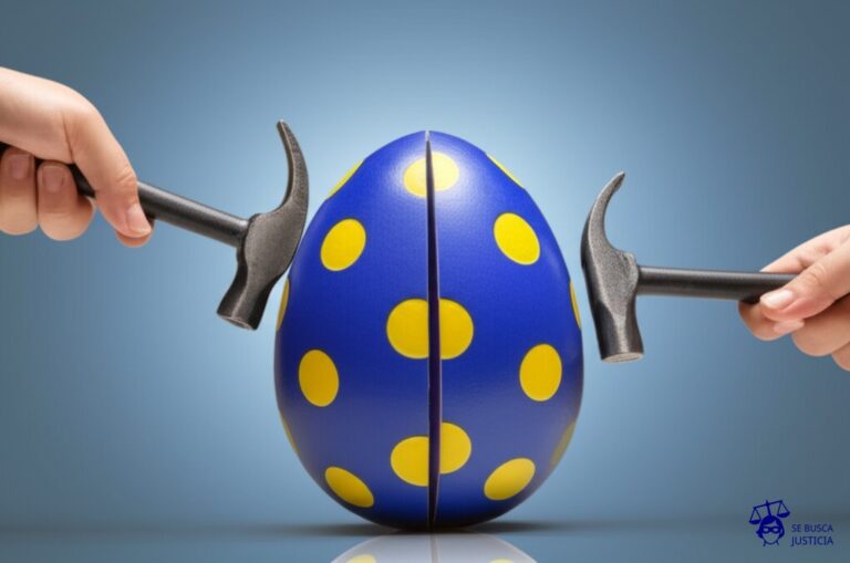 Un huevo de Pascua gigante, decorado con lunares, dividido en dos mitades con dos martillos intentando romperlo simultáneamente desde lados opuestos. Representa: Disputa sobre la filiación de un hijo nacido por gestación por sustitución (maternidad subrogada), donde surgen dudas sobre la maternidad o paternidad intencional o biológica.