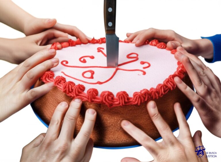 Un gran pastel de cumpleaños, con un solo cuchillo oxidado y sucio clavado en el centro, rodeado por múltiples manos intentando agarrarlo desesperadamente. Representa: Disputa sobre la titularidad de invenciones realizadas por empleados de empresas argentinas