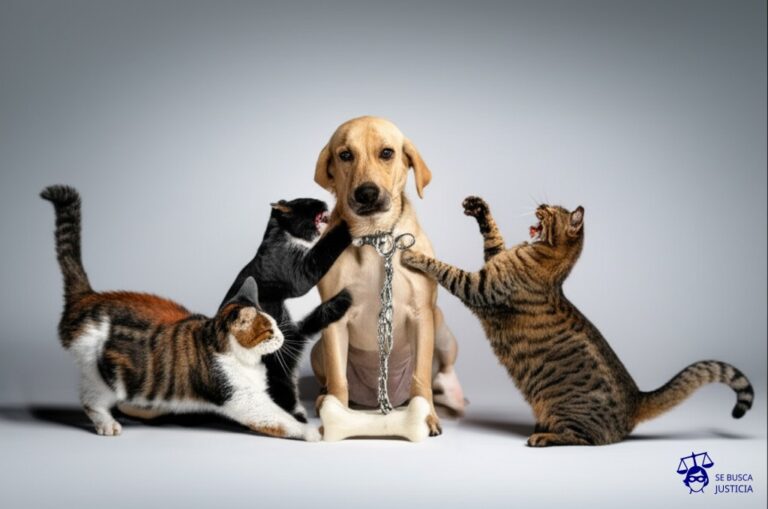 Un perro (representando la obra literaria original) atado con una cadena corta a un hueso (los derechos de autor). Un grupo de gatos (las diferentes adaptaciones teatrales) intentan, desesperadamente y en posturas cómicas, alcanzar el hueso, estirando sus garras y maullando. Representa: Disputas por derechos de autor en adaptaciones teatrales de obras literarias