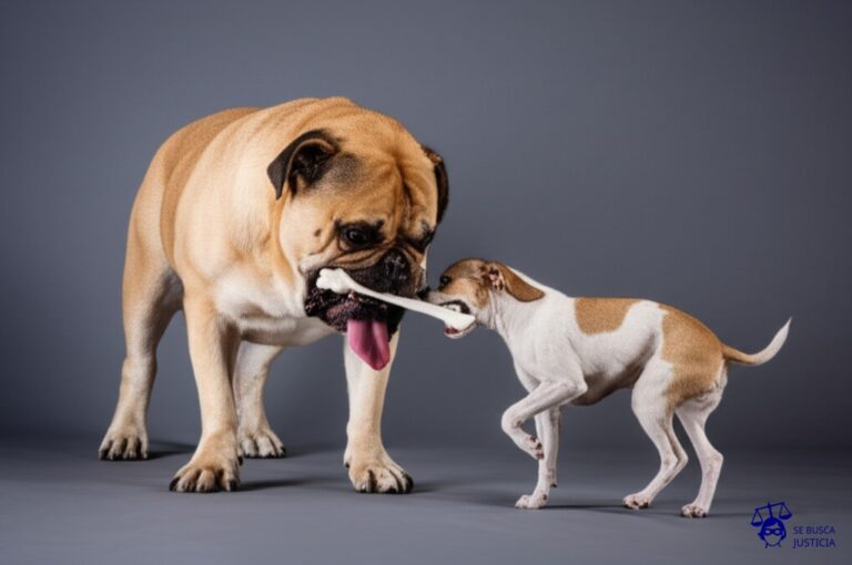 Dos perros, uno grande y rechoncho, otro pequeño y flaco, tirando cada uno de un hueso idéntico y ya roído, con expresiones de frustración. Representa: Disputas por el pago de comisiones de intermediación