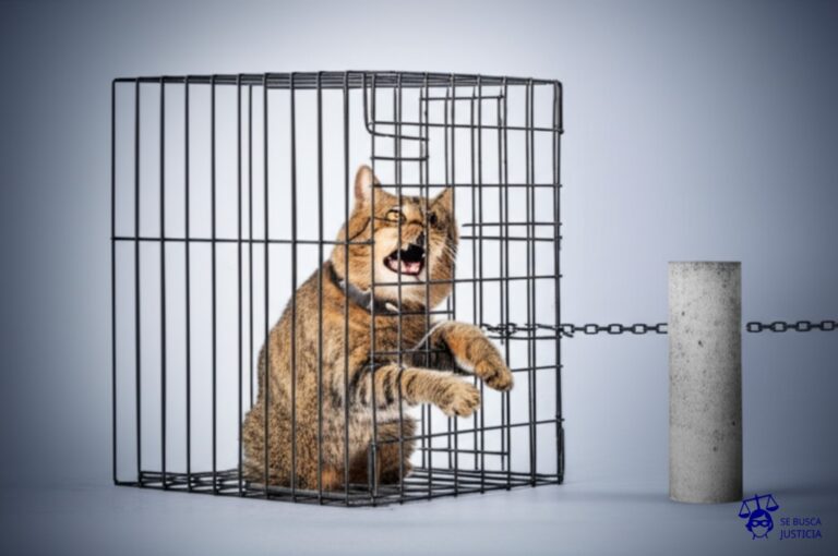 Un gato (representando al empleado) intentando desesperadamente escapar de una jaula (representando el contrato) con un collar de perro (la cláusula de no competencia) atado a un poste de concreto. El gato está estirando y forcejeando, pero el collar es demasiado corto. Representa: Disputas sobre cláusulas de no competencia post-contractual