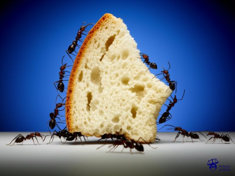 Un grupo de hormigas (pequeñas) tirando de una torta gigante (desproporcionadamente grande) en direcciones opuestas, cada una agarrando un trozo. Representa: Disputas sobre el control societario y derechos de voto