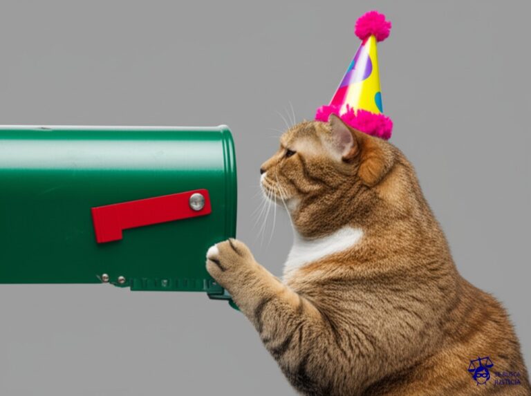 Un gato gordo, con un gorro de fiesta torcido, atascado en una puerta de correo postal diminuta, intentando desesperadamente meterse. Representa: Disputas sobre el domicilio fiscal electrónico