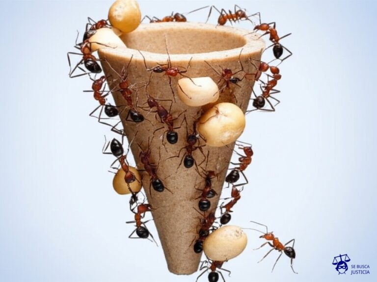 Un grupo de hormigas, cada una llevando una migaja de pan, rodeando un pequeño embudo de arena. Cada hormiga intenta pasar su migaja por el embudo, pero se atascan y se empujan entre sí, sin que ninguna logre completar la tarea. Representa: Disputas sobre el pago de regalías por licencias