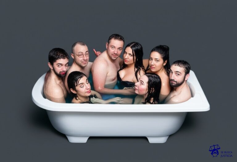 Un grupo de personas, todas intentando meterse en una misma bañera llena de agua, pero cada una empujando a las demás para tener más espacio y no mojarse. Representa: Disputas sobre la cobertura en seguros colectivos o empresariales