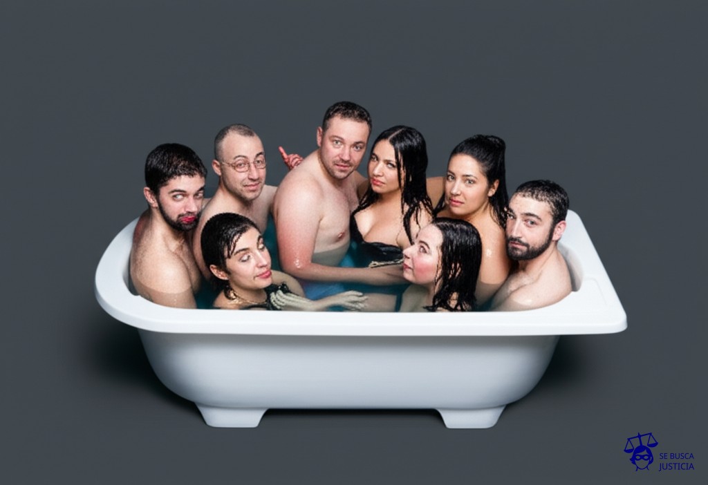 Un grupo de personas, todas intentando meterse en una misma bañera llena de agua, pero cada una empujando a las demás para tener más espacio y no mojarse. Representa: Disputas sobre la cobertura en seguros colectivos o empresariales