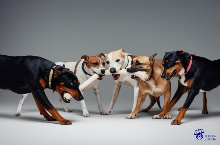 Un grupo de perros, cada uno tirando de un hueso roído con fuerza. El hueso se está desintegrando. Representa: Disputas sobre la titularidad de invenciones laborales