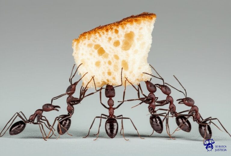 Un grupo de hormigas, cada una cargando un trozo de migaja de pan. Todas las hormigas tiran de la misma migaja en direcciones opuestas, con expresiones de esfuerzo y frustración. Representa: Disputas sobre la titularidad de obras creadas por empleados en horario libre