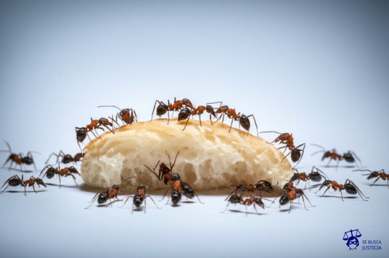 Un grupo de hormigas cargando un trozo de migaja de pan. Algunas hormigas tiran en una dirección, otras en otra, con la migaja a punto de romperse y desparramarse. Representa: Disputas sobre la validez de acuerdos extrajudiciales
