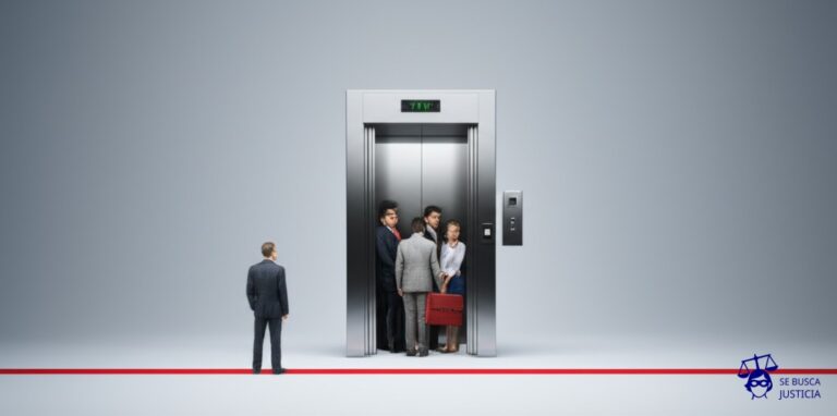 Un grupo de personas desesperadas intentan meterse en un ascensor atestado, pero una línea roja pintada en el suelo les impide entrar a más de un cierto número. El ascensor es una caja de cerillas. Representa: Disputas sobre límites máximos de indemnización