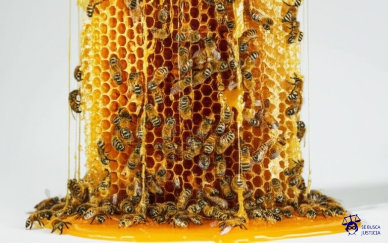 Un panal de abejas desmoronándose, con miel (cursos) fluyendo descontroladamente por todas partes. Representa: Distribución de cursos online pirateados