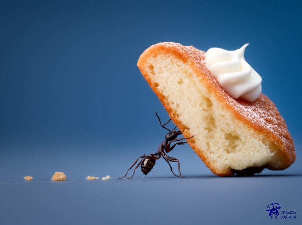 Una hormiga transportando un enorme pastel, con migas cayendo por todos lados. Representa: Distribución de e-books pirateados