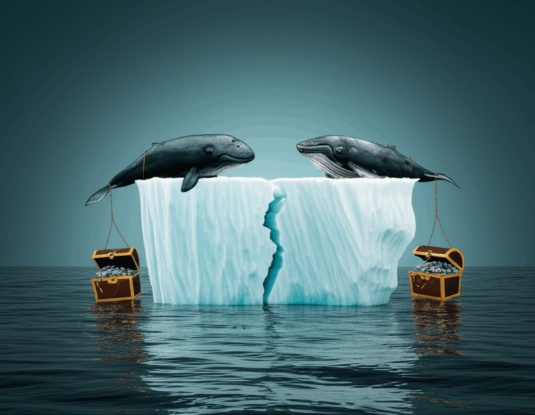 Un gran iceberg partido por la mitad, con una ballena jorobada (de aspecto triste) nadando en cada lado, arrastrando cada una un cofre del tesoro. Representa: Divorcio con bienes gananciales en el extranjero