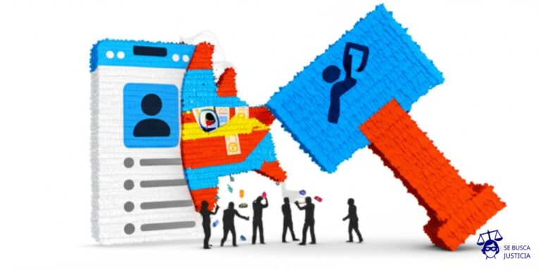 Una piñata con la forma de un perfil de usuario en redes sociales, llena de billetes y caramelos, siendo golpeada por un martillo gigante con la forma del logo de una plataforma online, mientras un grupo de personas (siluetas) recogen lo que cae. Representa: Doxxing en plataformas públicas