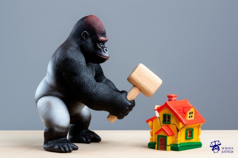 Un gorila, con un mazo de madera, golpeando repetidamente una alcancía con forma de casa, que se rompe en pedazos. Representa: Dueño realiza aumentos de alquiler sin respetar ley vigente