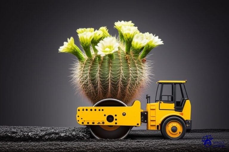 Un cactus floreciente, lleno de capullos a punto de abrirse, es repentinamente aplastado por un rodillo de asfalto. Representa: Ejecutación de garantías sin previo aviso