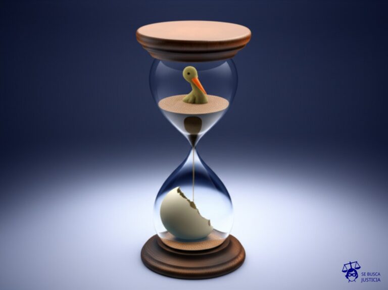 Un huevo de cigüeña agrietado, con una pequeña pata de cigüeña asomando, atascado en un gran reloj de arena inclinado. La arena se está acabando. Representa: El Juicio de la Demanda por un Vuelo Retrasado de la Cigüeña (2005