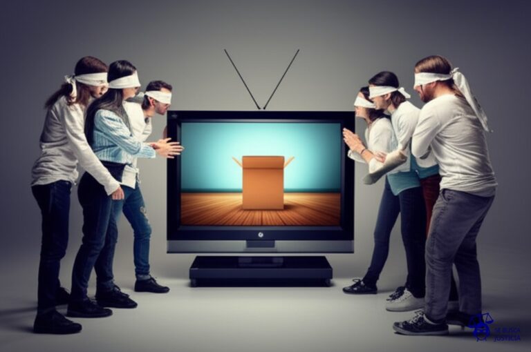 Un grupo de personas con los ojos vendados, tropezando y chocando entre sí, mientras intentan alcanzar un televisor gigante que muestra una caja vacía. Representa: El Juicio de la Familia que Demando a Netflix por 'Bird Box' (2019 EE.UU.)