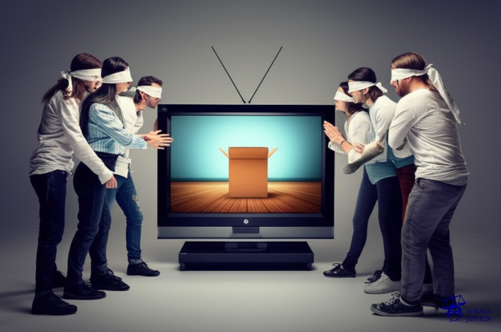 Un grupo de personas con los ojos vendados, tropezando y chocando entre sí, mientras intentan alcanzar un televisor gigante que muestra una caja vacía. Representa: El Juicio de la Familia que Demando a Netflix por 'Bird Box' (2019 EE.UU.)