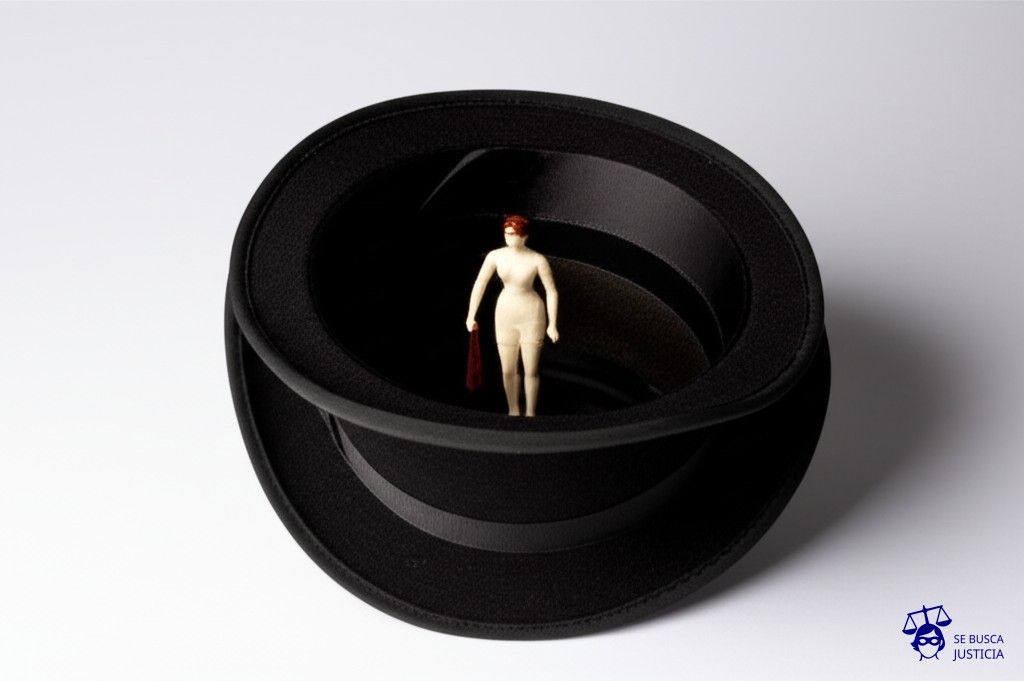 Un diminuto maniquí femenino, casi invisible, dentro de un enorme y desproporcionado sombrero de copa. Representa: El Juicio de la Mujer que Demandó a su Sastre por un Traje Demasiado Grande (1900