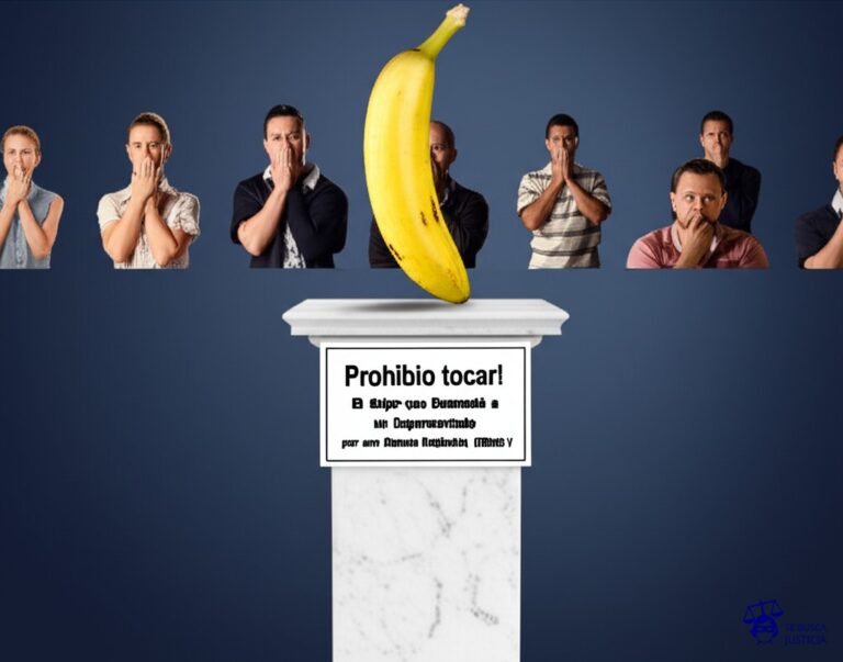 Un plátano perfectamente maduro, en un pedestal de mármol, con un pequeño cartel que dice ¡Prohibido tocar! y un grupo de personas haciendo fila, todas con expresiones exageradas de decepción y frustración. Representa: El Juicio de la Mujer que Demandó a un Supermercado por una Banana Resbaladiza (2006