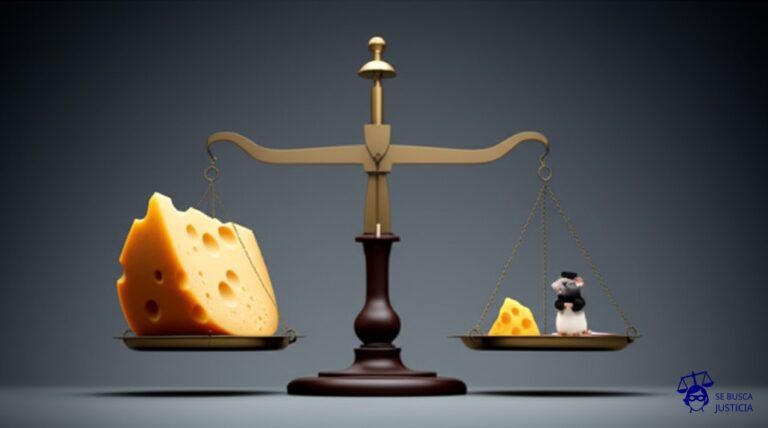 Un queso suizo gigante, con agujeros, en el centro de una balanza. En un plato, una rata diminuta, con un gorro de juez. En el otro, una migaja de queso. Representa: El Juicio de la Rata (1520