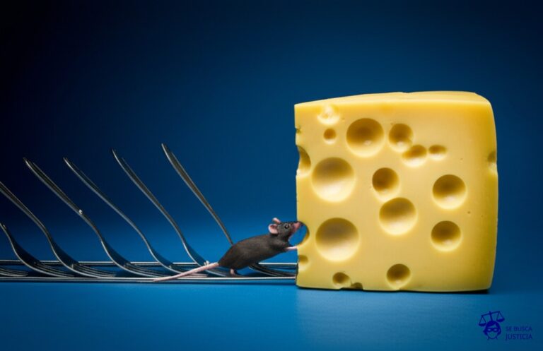 Un queso suizo gigante, con agujeros irregulares, siendo empujado hacia una trampa para ratones gigantesca por una fila de tenedores de mesa. Representa: El Juicio de la Rata Condenada a Muerte (1520 Francia)