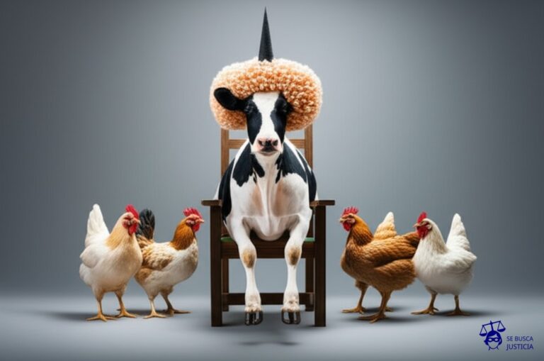 Una vaca, con una gran peluca de rizos exagerados, sentada en una silla de madera inestable, con un cuerno apuntando hacia arriba como si fuera un sombrero puntiagudo. Delante de ella, un grupo de gallinas con miradas inquisidoras. Representa: El Juicio de la Vaca Acusada de Brujería (1600