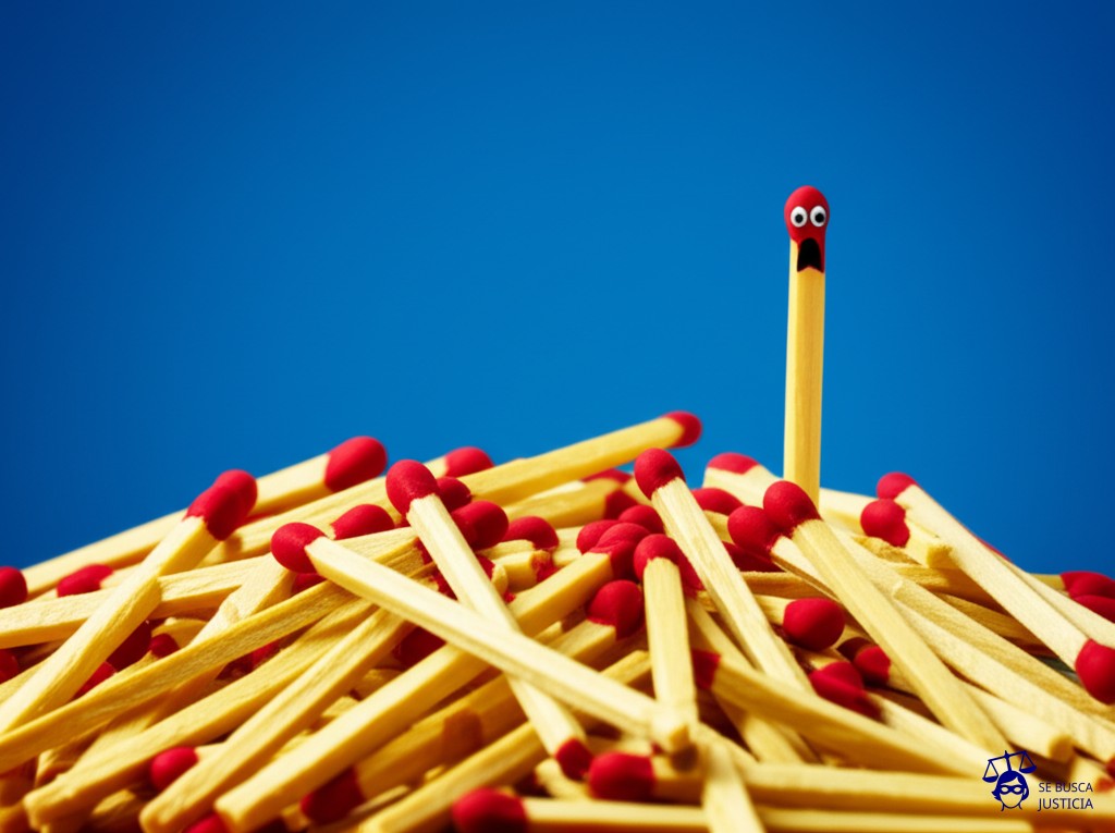 Un montón de palitos de fósforo consumidos a medias, apilados torpemente, con un pequeño agujero en el centro, del cual asoma la punta de un solo palillo intacto, mirando hacia arriba con una expresión de sorpresa. Representa: El Juicio de los Termitas (1995