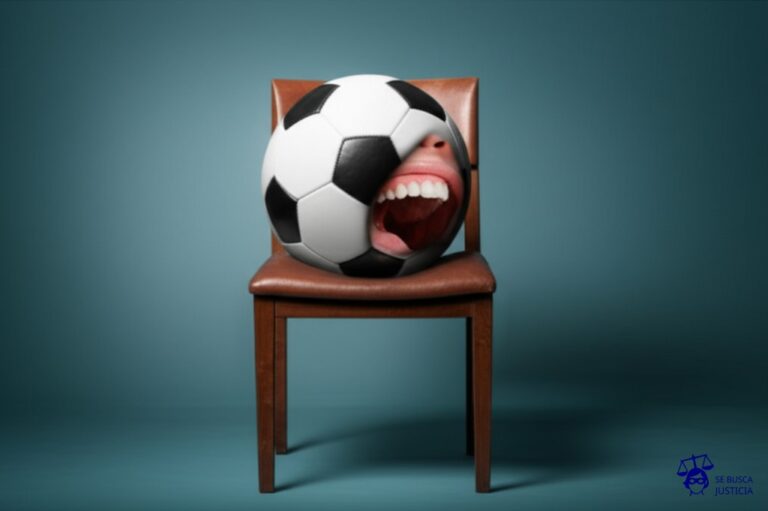 Un balón de fútbol gigante, con la imagen de una boca abierta y gritando, impactando contra una silla vacía. Representa: El Juicio del Abogado que Atacó a un Testigo con un Balón de Fútbol (2007