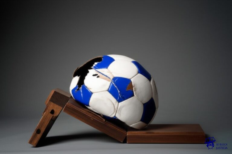 Un balón de fútbol gigante, con la costura rota y desinflado, rodando torpemente hacia un atril de madera que se está desmoronando. Representa: El Juicio del Abogado que Ataco a un Testigo con un Balon de Futbol (2007 EE.UU.)