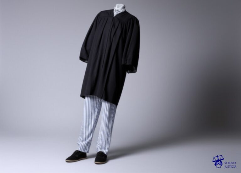 Un maniquí vestido con una toga de abogado, pero con las piernas mostrando un conjunto de pijama a rayas. El maniquí está inclinado, como si estuviera a punto de caerse. Representa: El Juicio del Abogado que se Presento al Juicio en Pijama (2007 EE.UU.)