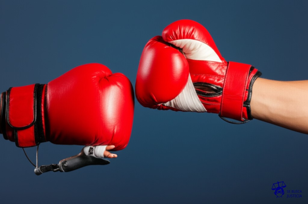 Un par de guantes de boxeo, uno con una prótesis de brazo enganchada, el otro con una venda en la mano. Ambos guantes están en posturas de pelea, pero uno está más dañado que el otro. Representa: El Juicio del Acusado que Ataco a su Abogado con una Protesis (2003 EE.UU.)