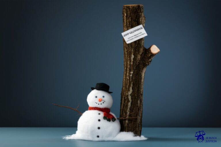 Un árbol robusto, con ramas extendidas, que tiene una rama cortada y enyesada, con una pequeña etiqueta que dice Sentenciado. Debajo, un muñeco de nieve derretido con un sombrero y una bufanda. Representa: El Juicio del Árbol que Atacó a un Hombre (1910