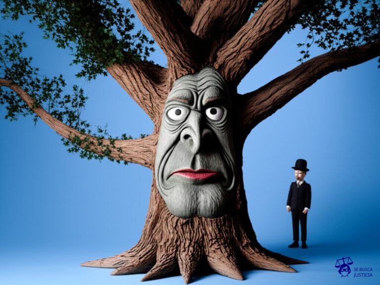 Un hombre pequeño y delgado, con un sombrero de bombín, está atrapado en las ramas gruesas y nudosas de un árbol corpulento. El árbol tiene una expresión facial grotesca y exagerada, con ojos saltones y una boca torcida en una mueca de desdén. Representa: El Juicio del Arbol que Ataco a un Hombre (1910 EE.UU.)