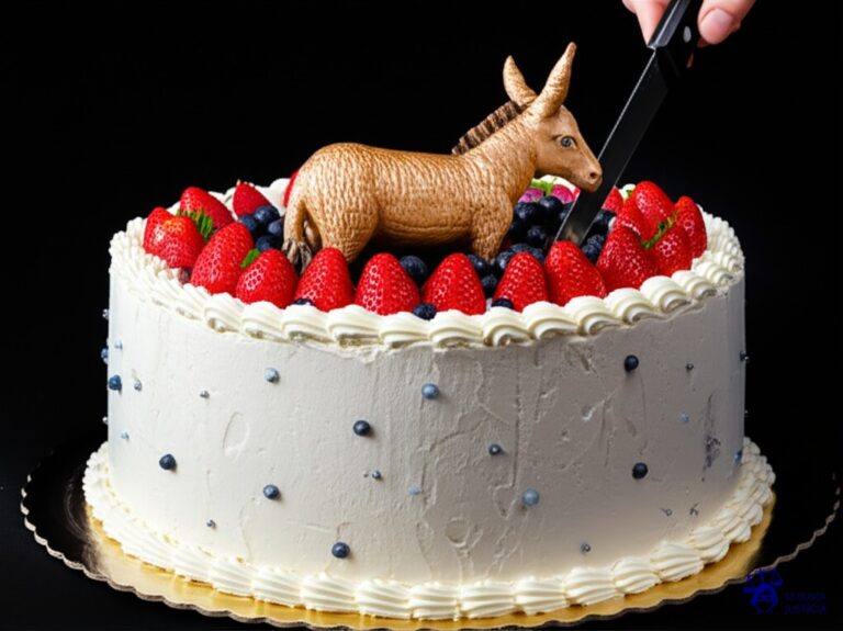 Un gran pastel de cumpleaños, con un solo adorno: una figura de burro hecha de mazapán, a punto de ser cortado con una cuchilla. Representa: El Juicio del Burro Condenado a Muerte (1457