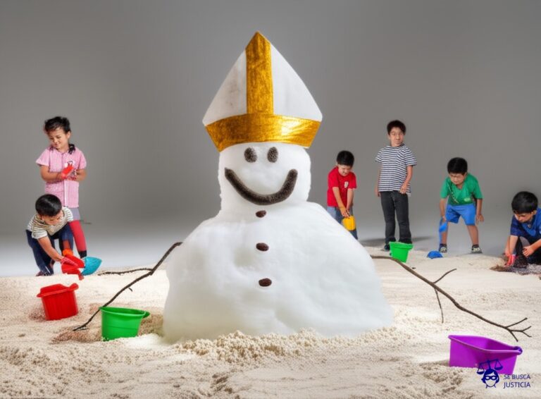 Un muñeco de nieve, derretido, con una tiara de cartón torcida sobre lo que queda de su cabeza. Alrededor, un grupo de niños jugando con cubos y palas de arena, indiferentes. Representa: El Juicio del Cadáver del Papa Formoso (897 d.C.